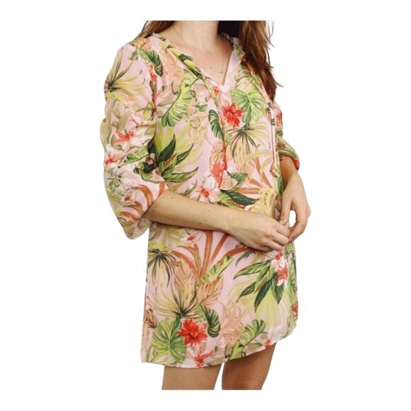 J. Jill Tropical Floral Print Lightweight Breezy Long Sleeve Tunic Top Dress, XL - Picture 1 of 11